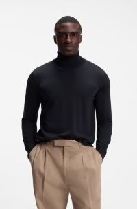 Rollneck sweater in extra-fine merino wool, Dark Blue