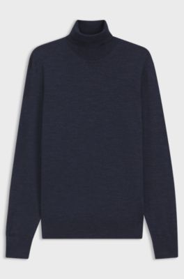 Rollneck sweater in extra-fine merino wool, Dark Blue