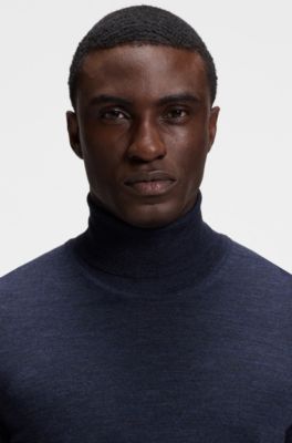 Rollneck sweater in extra-fine merino wool, Dark Blue
