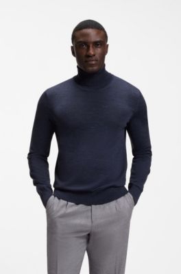 Rollneck sweater in extra-fine merino wool, Dark Blue