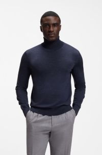 Rollneck sweater in extra-fine merino wool, Dark Blue