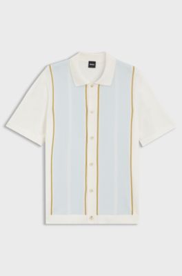 Colour-blocked cardigan with wing collar, Natural