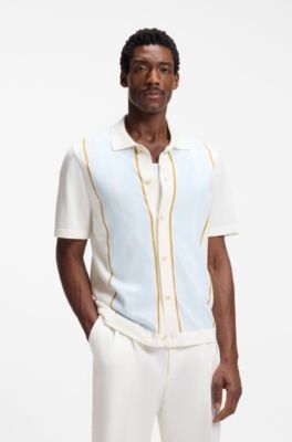 Colour-blocked cardigan with wing collar, Natural