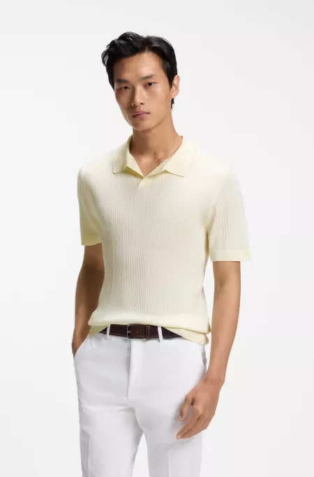 Silk knit polo with ribbed structure
