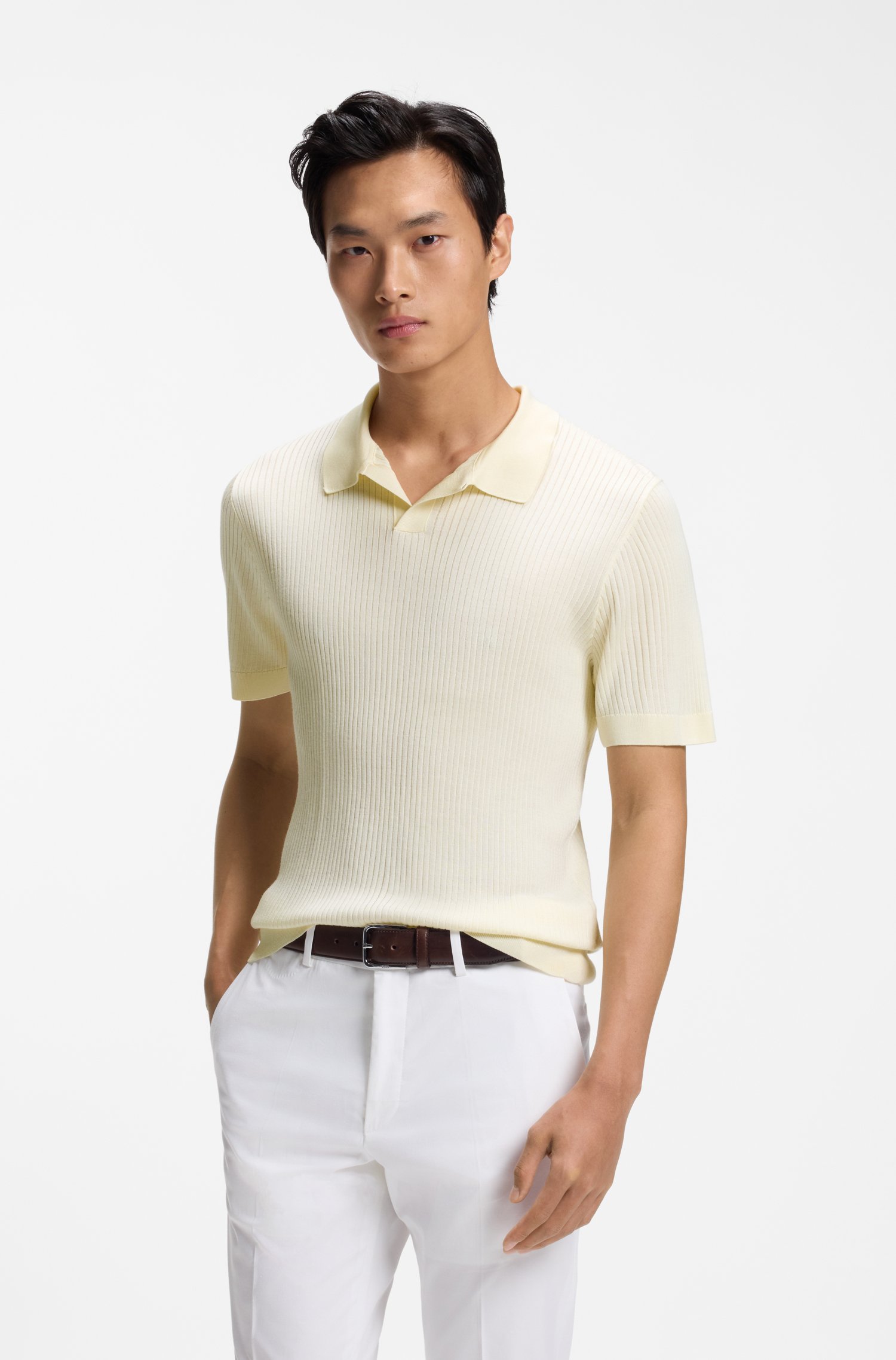 Boss Silk knit polo with ribbed structure pikéer herr