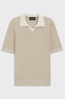 Johnny-collar knit polo in cotton and silk, Light Beige