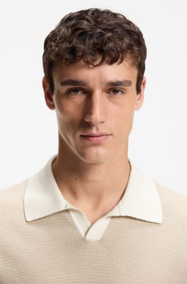 Jersey de algod&oacute;n y seda con cuello de polo abierto, Beige claro