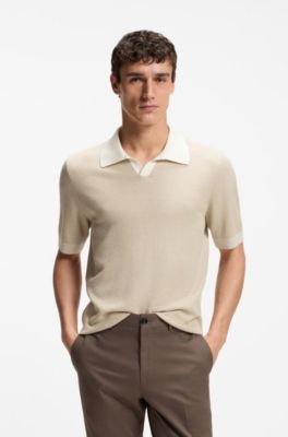 Johnny-collar polo sweater in cotton and silk, Light Beige