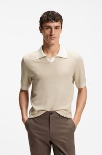 Johnny-collar polo sweater in cotton and silk, Light Beige