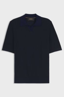Polo de punto en algod&oacute;n y seda con cuello abierto, Azul oscuro