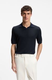 Johnny-collar polo sweater in cotton and silk, Dark Blue