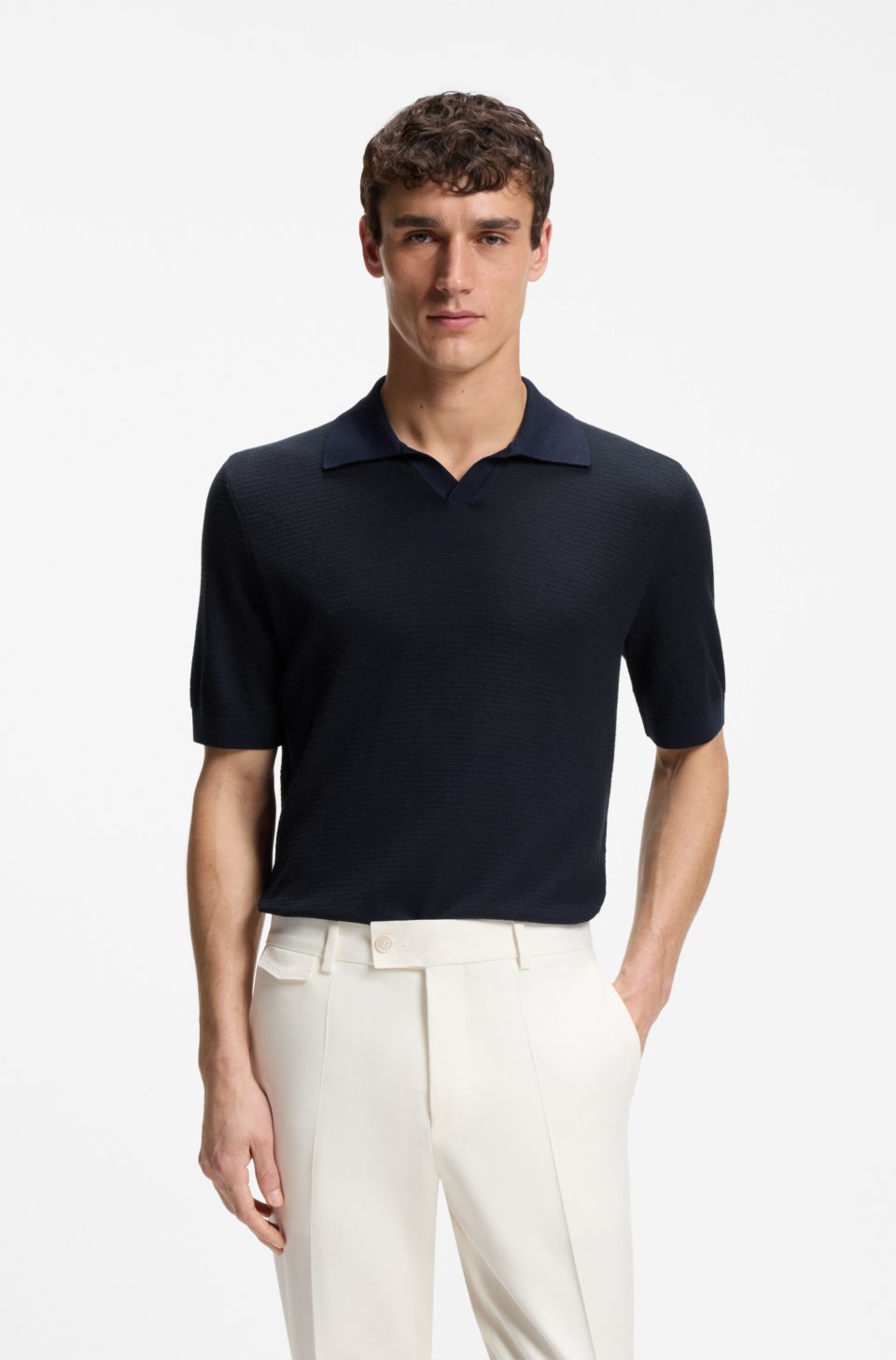 Johnny-collar knit polo in cotton and silk