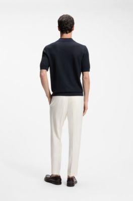 Polo-Pullover aus Baumwolle und Seide mit Johnny-Kragen, Dunkelblau