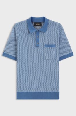 Cotton-silk knit polo with geometric pattern, Light Blue