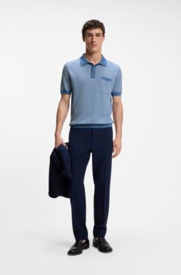 Cotton-silk knit polo with geometric pattern, Light Blue
