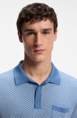 Polo en maille de coton et de soie &agrave; motif g&eacute;om&eacute;trique, bleu clair