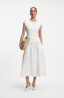 Structured-jersey dress with poplin skirt, White