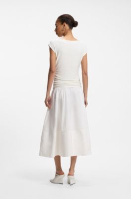 Structured-jersey dress with poplin skirt, White