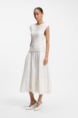 Structured-jersey dress with poplin skirt, White