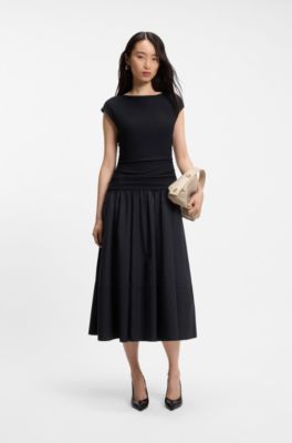 Structured-jersey dress with poplin skirt, Dark Blue