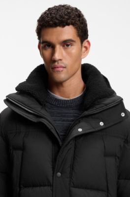 Water-repellent parka jacket with detachable teddy trim, Black