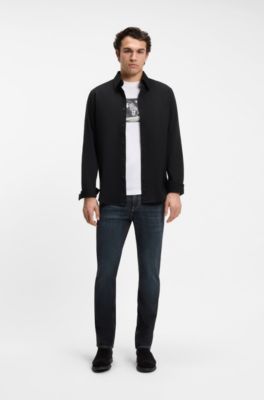 Regular-fit shirt in stretch-cotton dobby, Black