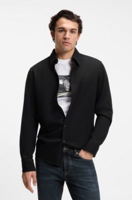 Regular-fit shirt in stretch-cotton dobby, Black