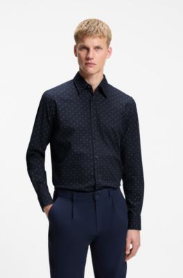 Regular-fit shirt in stretch-cotton dobby, Blue Patterned