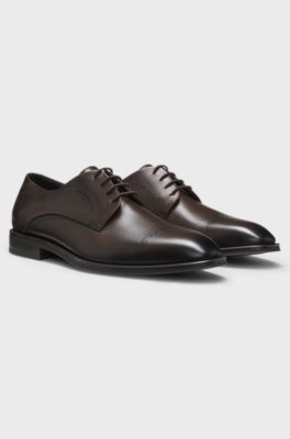 Italian-made Derby shoes in leather with cap toe, Dark Brown