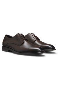 Italian-made Derby shoes in leather with cap toe, Dark Brown