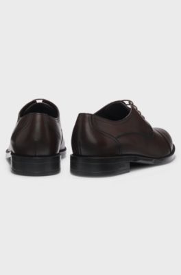 Italian-made Derby shoes in leather with cap toe, Dark Brown