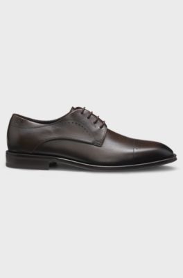 Italian-made Derby shoes in leather with cap toe, Dark Brown