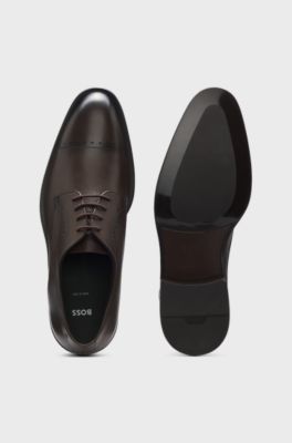 Italian-made Derby shoes in leather with cap toe, Dark Brown