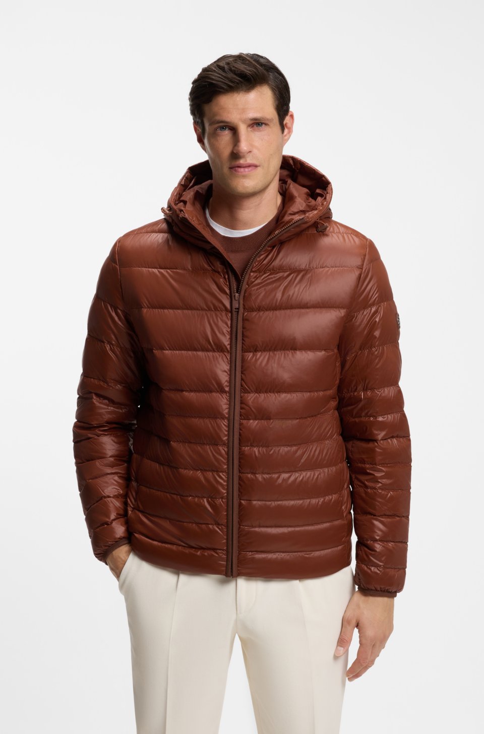 Hooded down jacket in water-repellent fabric