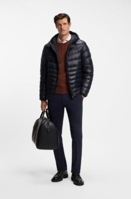 Hooded down jacket in water-repellent fabric, Dark Blue