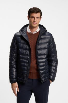 Hooded down jacket in water-repellent fabric, Dark Blue