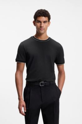 T-shirt Regular en coton structur&eacute; avec d&eacute;tails de liser&eacute;s, Noir
