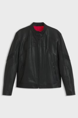 Veste en cuir avec d&eacute;tails passepoil&eacute;s, Noir