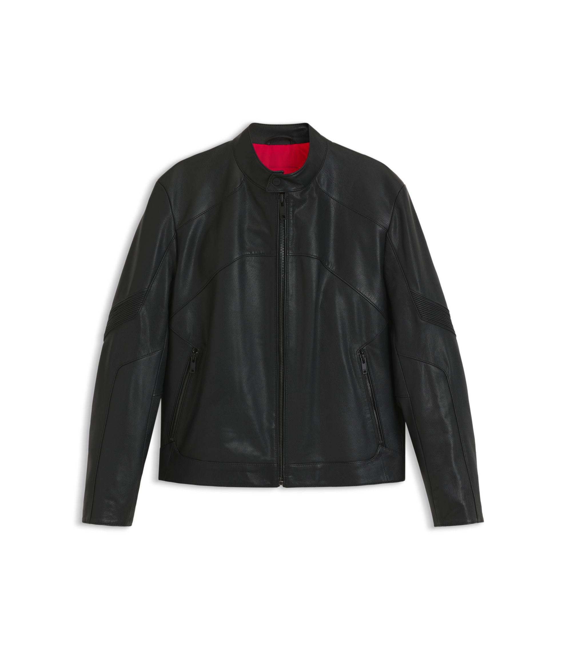 HUGO BOSS 黒レザージャケット HUGO - Leather jacket with piped details - ブラック