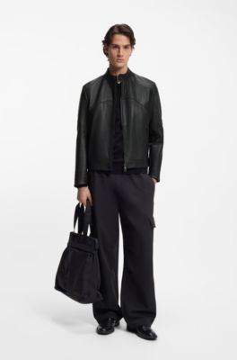 Veste en cuir avec d&eacute;tails passepoil&eacute;s, Noir