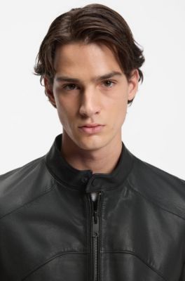 Veste en cuir avec d&eacute;tails passepoil&eacute;s, Noir