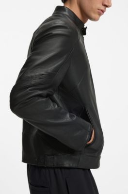 Veste en cuir avec d&eacute;tails passepoil&eacute;s, Noir