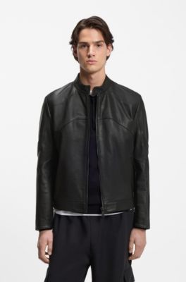 Veste en cuir avec d&eacute;tails passepoil&eacute;s, Noir