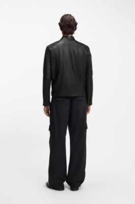 Veste en cuir avec d&eacute;tails passepoil&eacute;s, Noir