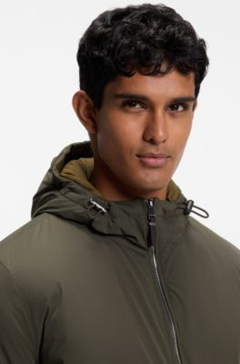 Water-repellent hooded short jacket with down filling, Olive