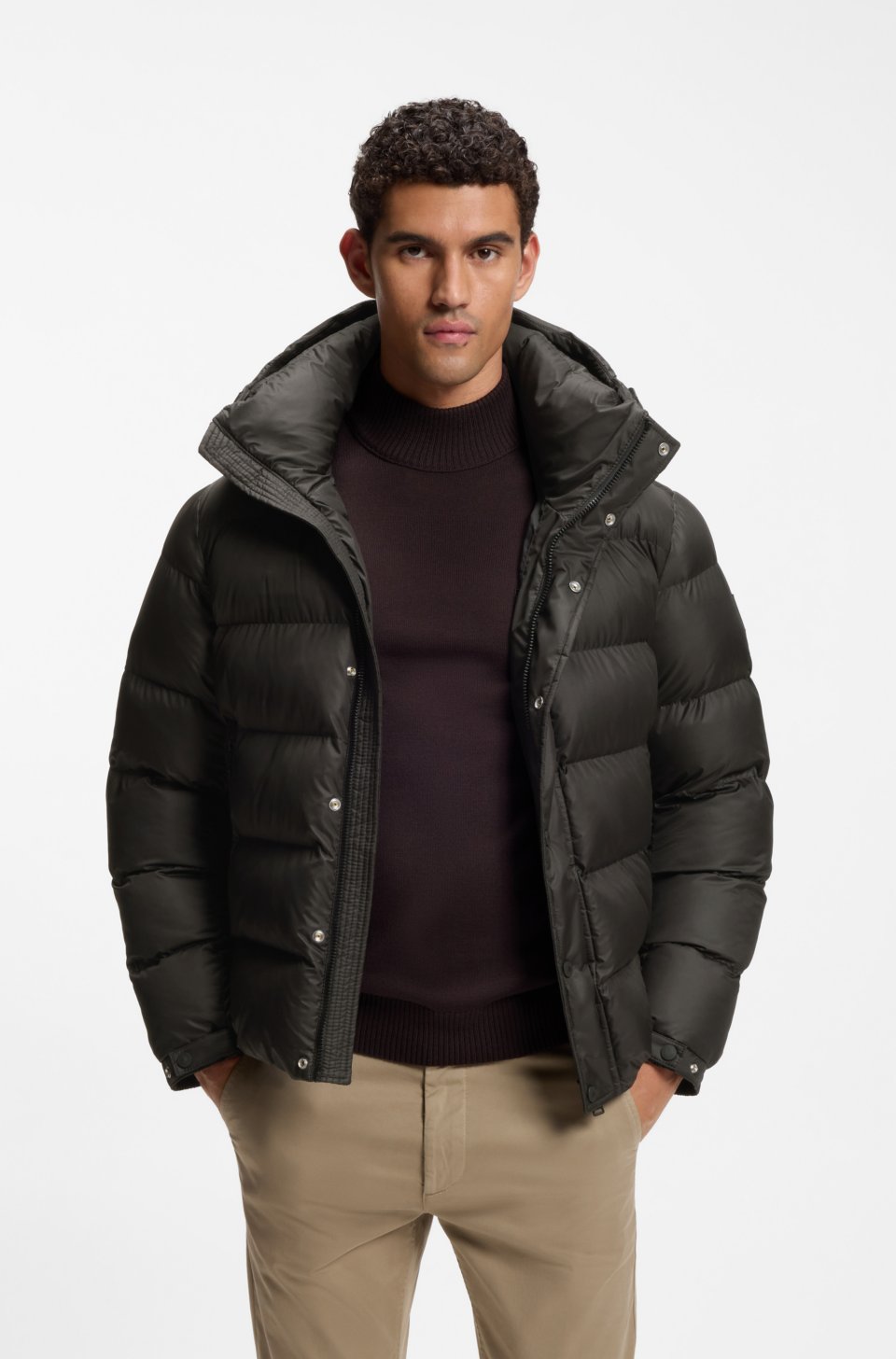 Water-repellent hooded puffer jacket