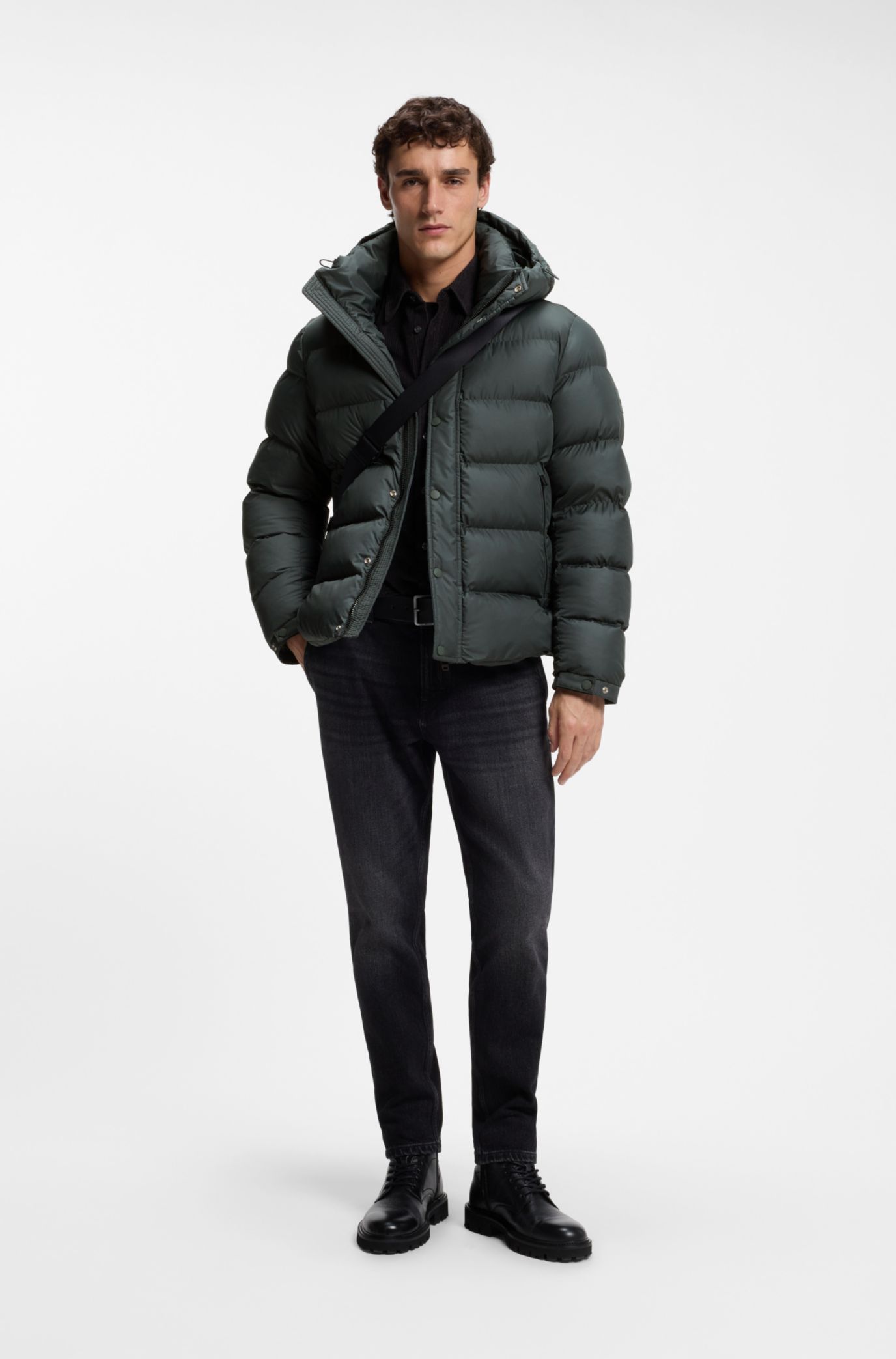 Water-repellent hooded puffer jacket , Dark Green