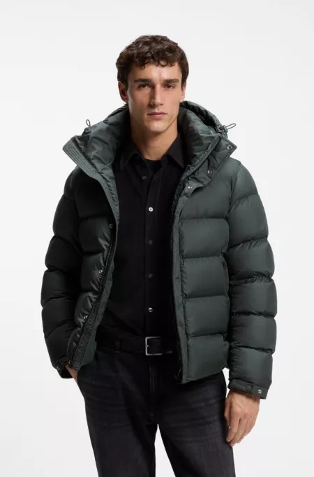 Water-repellent hooded puffer jacket with cushioned collar