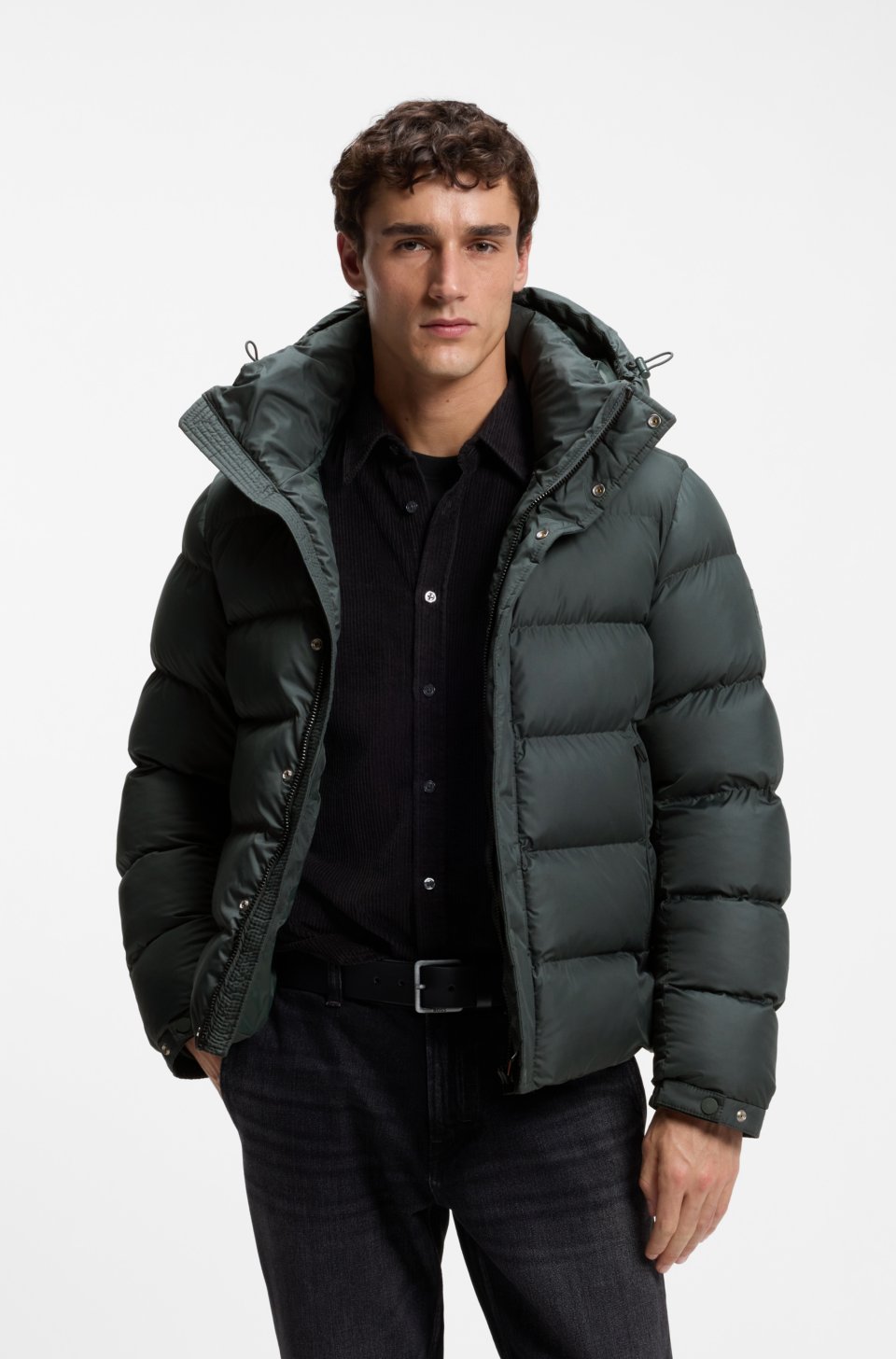 Water-repellent hooded puffer jacket