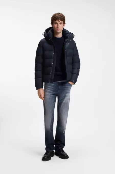 Water-repellent hooded puffer jacket with cushioned collar